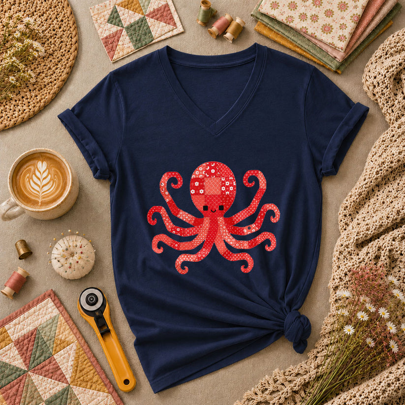 Red Patchwork Octopus Floral Quilt Women's V-Neck - Navy