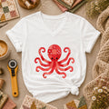 Red Patchwork Octopus Floral Quilt Women's V-Neck