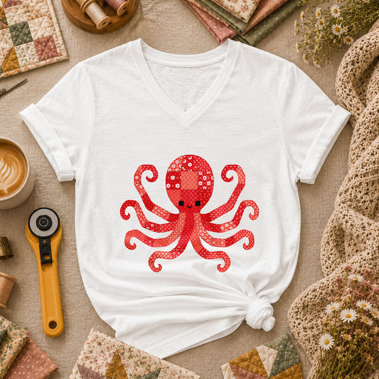 Red Patchwork Octopus Floral Quilt Women's V-Neck - White