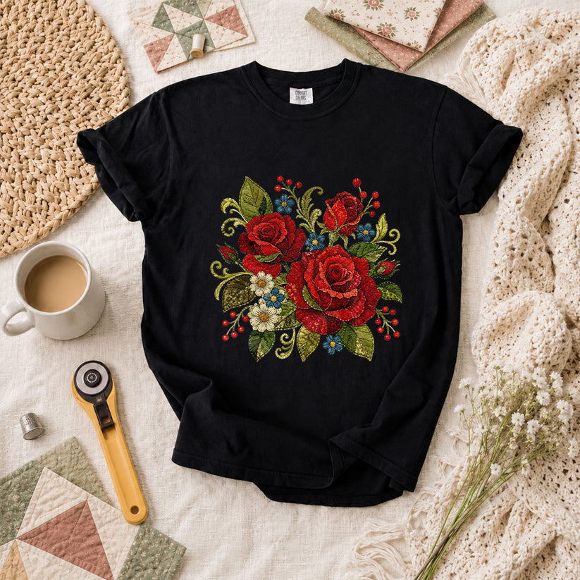 Red Rose Bouquet Wildflowers Vintage Floral T-Shirt - Black