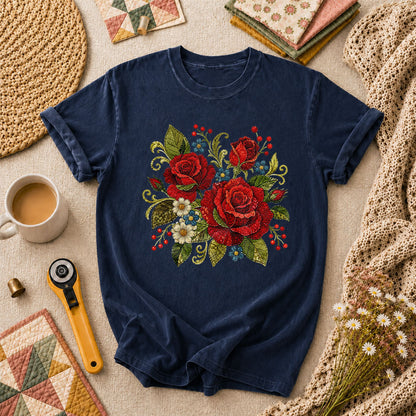 Red Rose Bouquet Wildflowers Vintage Floral T-Shirt - Navy