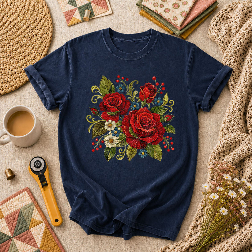 Red Rose Bouquet Wildflowers Vintage Floral T-Shirt - Navy