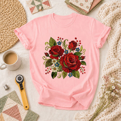 Red Rose Bouquet Wildflowers Vintage Floral T-Shirt - Pink