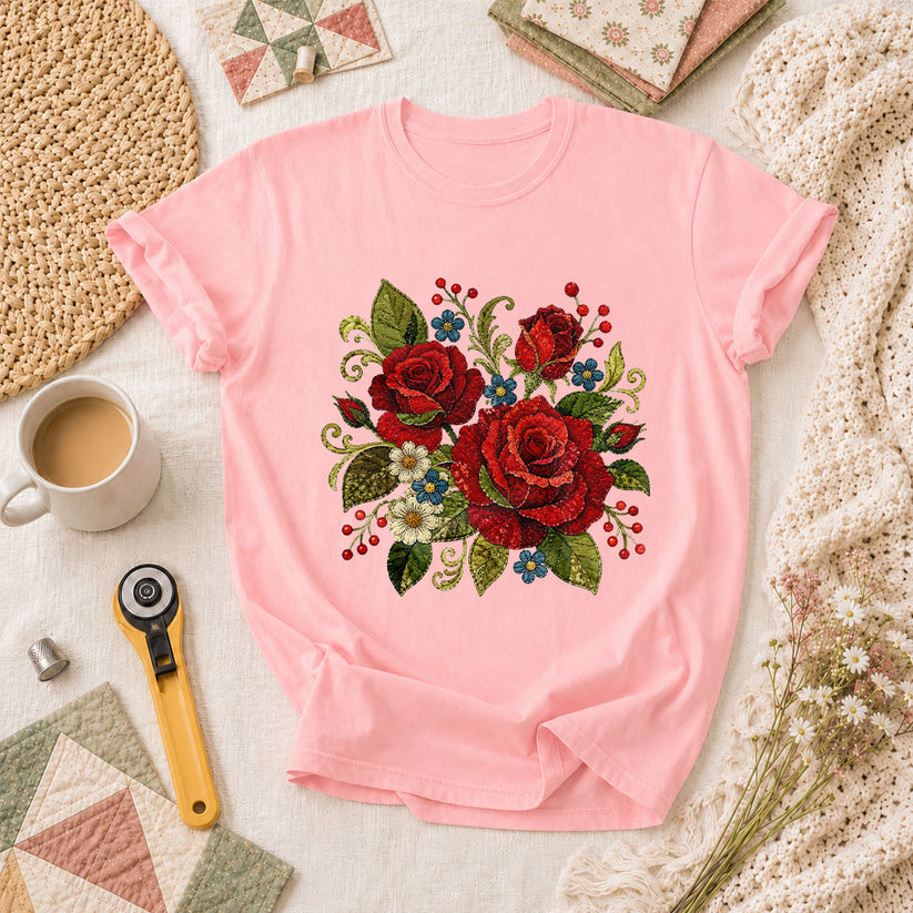Red Rose Bouquet Wildflowers Vintage Floral T-Shirt - Pink