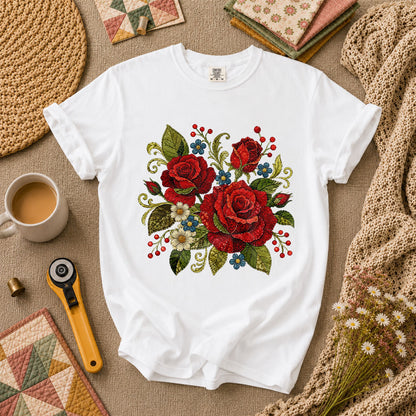 Red Rose Bouquet Wildflowers Vintage Floral T-Shirt - White