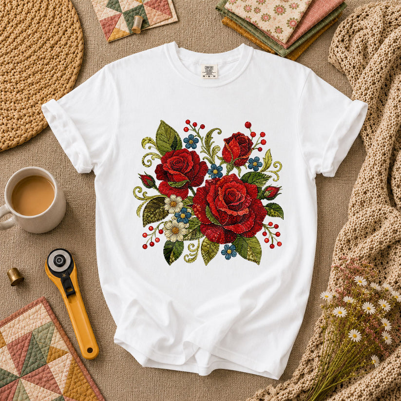 Red Rose Bouquet Wildflowers Vintage Floral T-Shirt - White