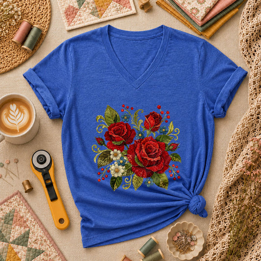 Red Rose Bouquet Wildflowers Vintage Floral Women's V-Neck - Heather True Royal