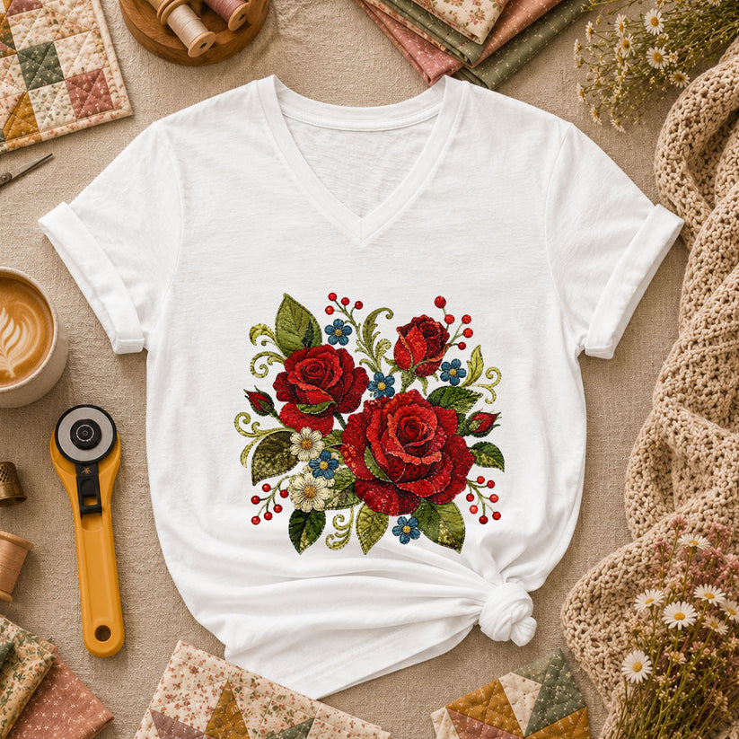 Red Rose Bouquet Wildflowers Vintage Floral Women's V-Neck - White