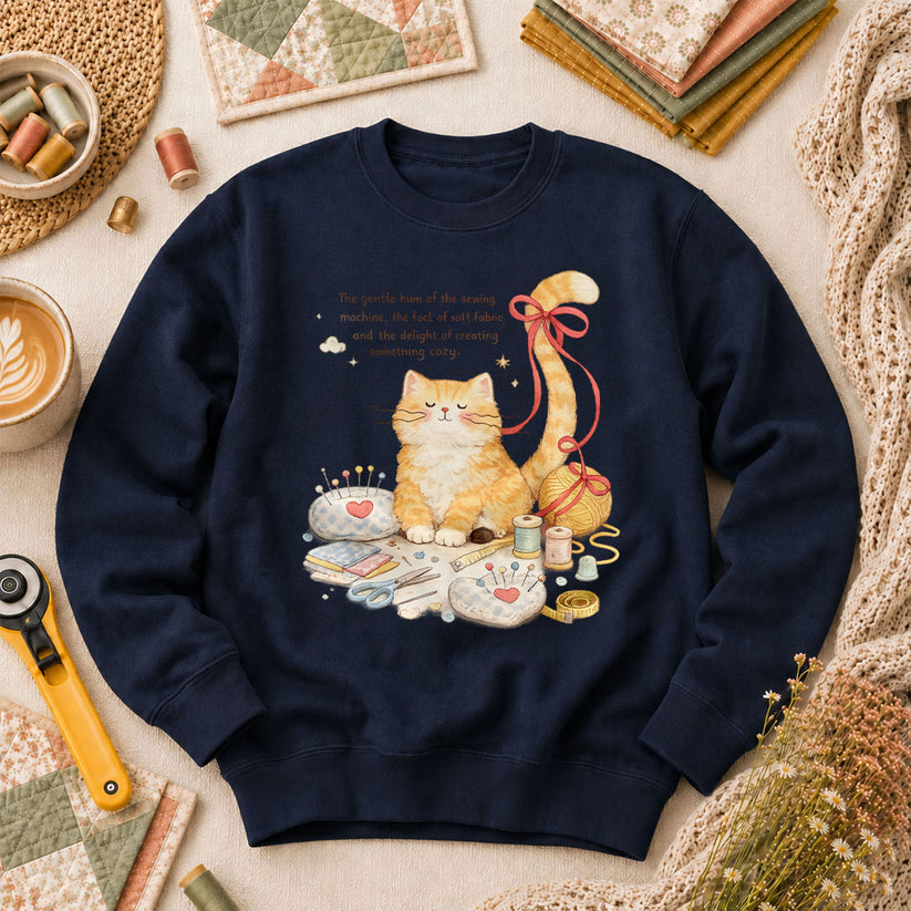 Relaxing Cat Gentle Hum Of Sewing Long Sleeve - Navy