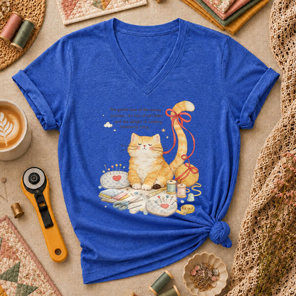 Relaxing Cat Gentle Hum Of Sewing Women's V-Neck - Heather True Royal