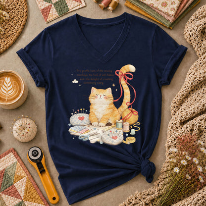 Relaxing Cat Gentle Hum Of Sewing Women's V-Neck - Navy