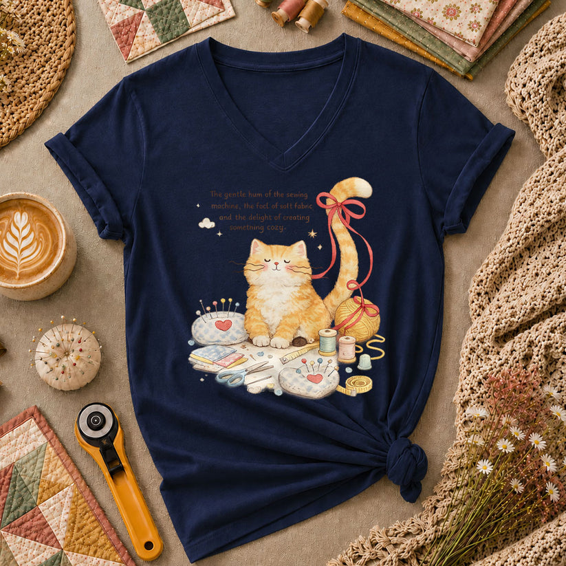 Relaxing Cat Gentle Hum Of Sewing Women's V-Neck - Navy