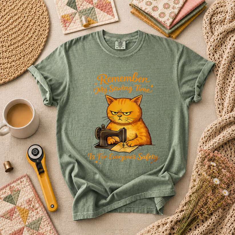 Remember My Sewing Time Is For Everyone Safety Angry Cat T-Shirt - Forest Green