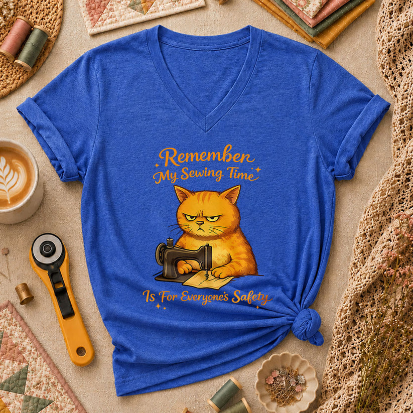 Remember My Sewing Time Is For Everyone Safety Angry Cat Women's V-Neck - Heather True Royal