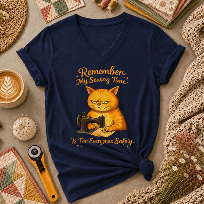 Remember My Sewing Time Is For Everyone Safety Angry Cat Women's V-Neck - Navy