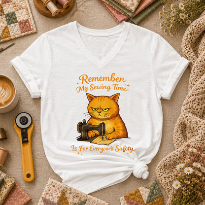 Remember My Sewing Time Is For Everyone Safety Angry Cat Women's V-Neck - White