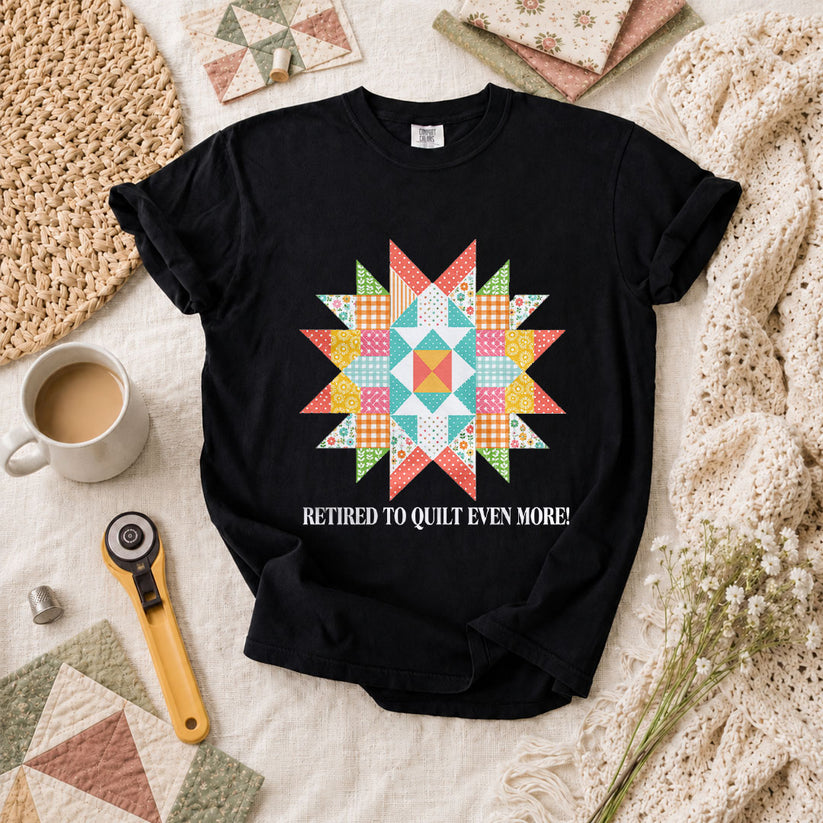 Retired To Quilt Even More Patchwork Star T-Shirt - Black
