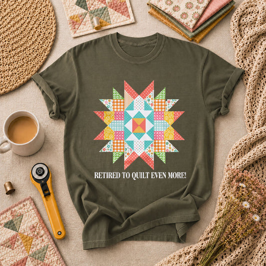 Retired To Quilt Even More Patchwork Star T-Shirt - Military Green