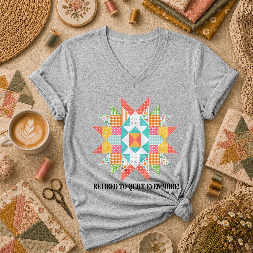 Retired To Quilt Even More Patchwork Star Women's V-Neck - Athletic Heather