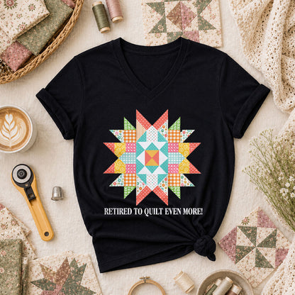 Retired To Quilt Even More Patchwork Star Women's V-Neck - Black