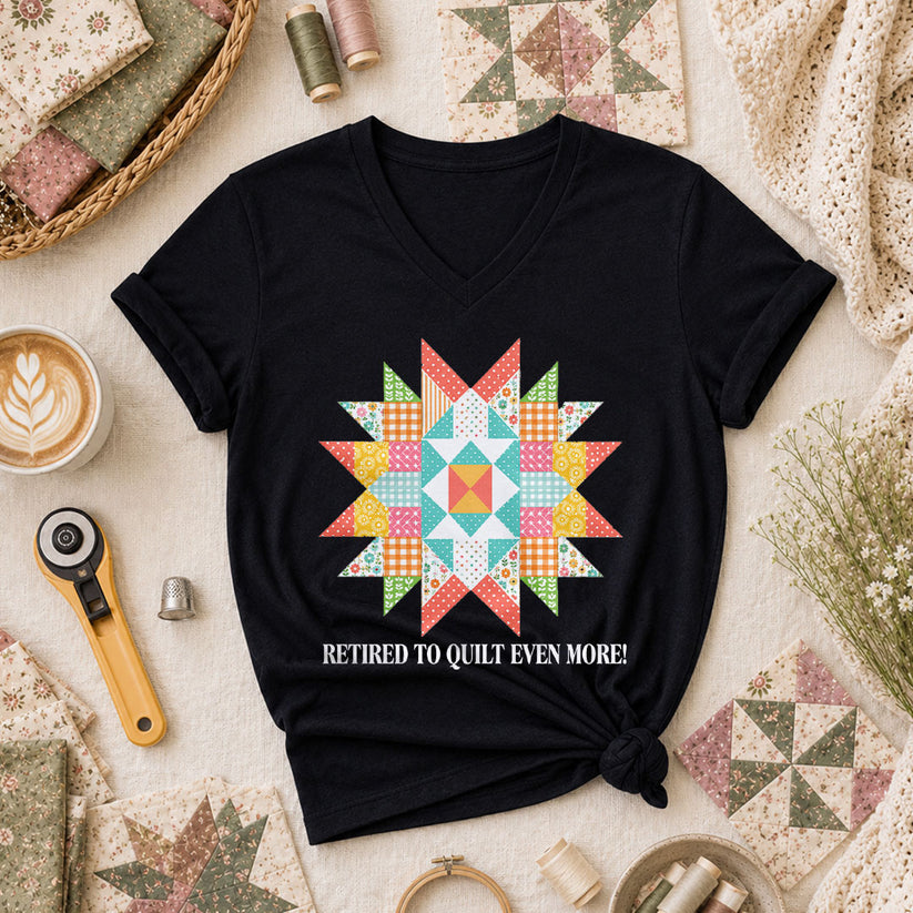 Retired To Quilt Even More Patchwork Star Women's V-Neck - Black