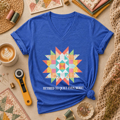 Retired To Quilt Even More Patchwork Star Women's V-Neck - Heather True Royal