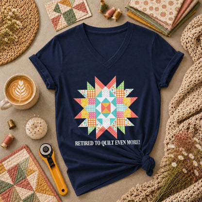 Retired To Quilt Even More Patchwork Star Women's V-Neck - Navy