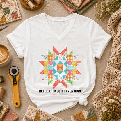 Retired To Quilt Even More Patchwork Star Women's V-Neck - White