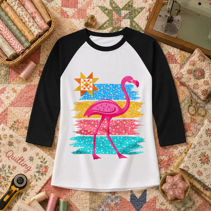 Retro Flamingo Floral Stripes Quilt Star Raglan Sleeve - Black