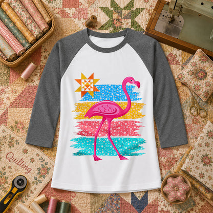 Retro Flamingo Floral Stripes Quilt Star Raglan Sleeve - Deep Heather