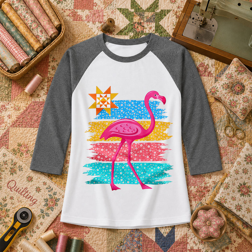 Retro Flamingo Floral Stripes Quilt Star Raglan Sleeve - Deep Heather