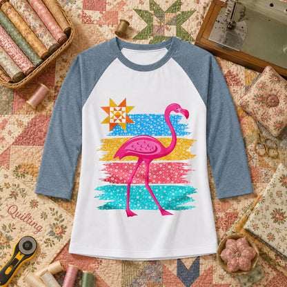 Retro Flamingo Floral Stripes Quilt Star Raglan Sleeve - Denim