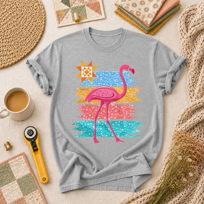 Retro Flamingo Floral Stripes Quilt Star T-Shirt - Athletic Heather