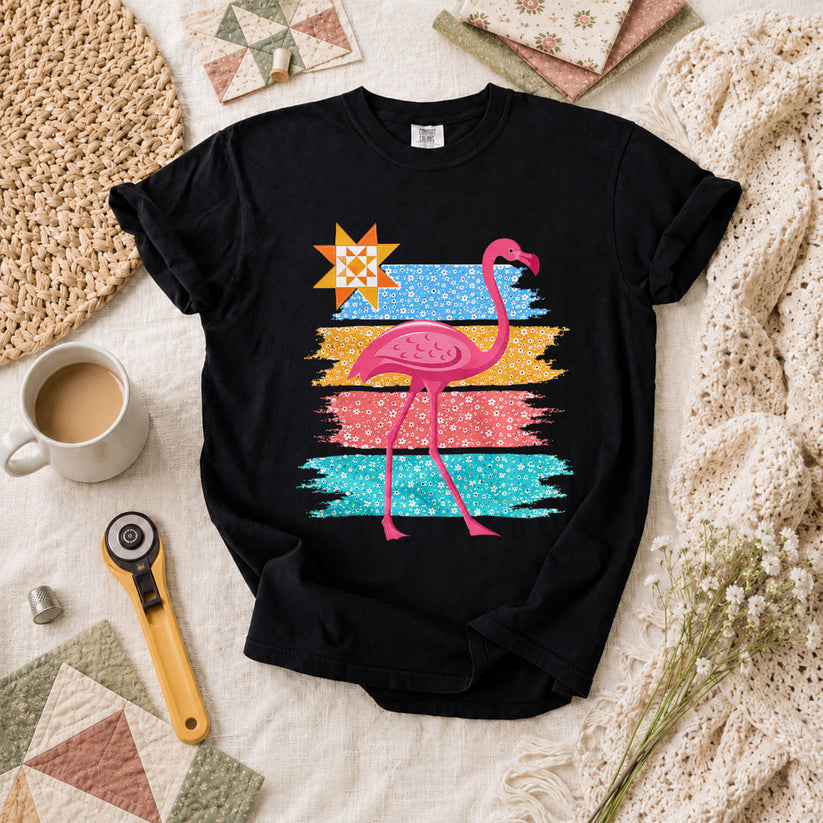 Retro Flamingo Floral Stripes Quilt Star T-Shirt - Black