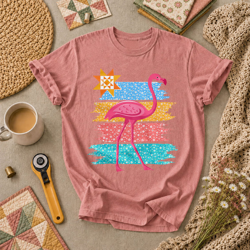 Retro Flamingo Floral Stripes Quilt Star T-Shirt - Heather Mauve
