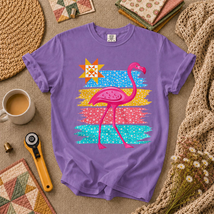 Retro Flamingo Floral Stripes Quilt Star T-Shirt - Heather Team Purple