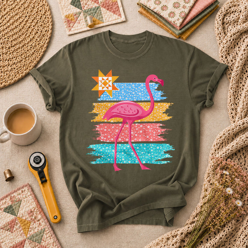 Retro Flamingo Floral Stripes Quilt Star T-Shirt - Military Green