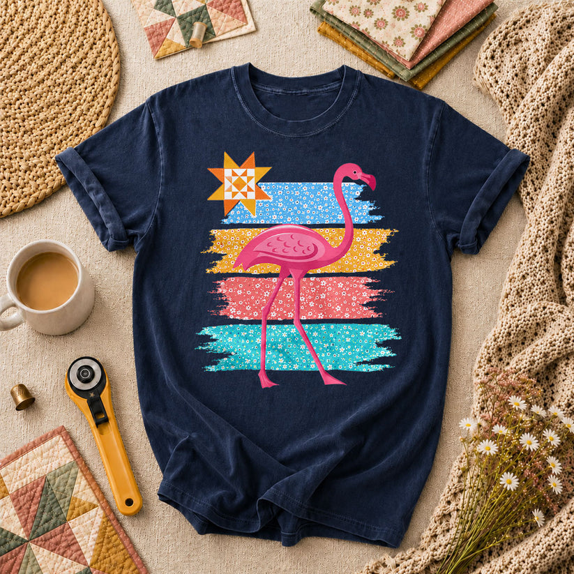 Retro Flamingo Floral Stripes Quilt Star T-Shirt - Navy