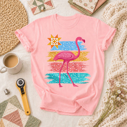 Retro Flamingo Floral Stripes Quilt Star T-Shirt - Pink