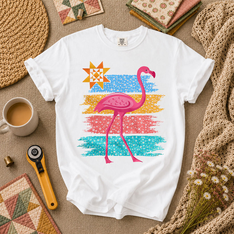 Retro Flamingo Floral Stripes Quilt Star T-Shirt - White