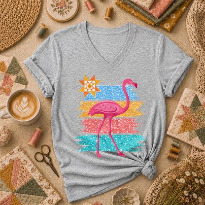 Retro Flamingo Floral Stripes Quilt Star Women's V-Neck - Athletic Heather