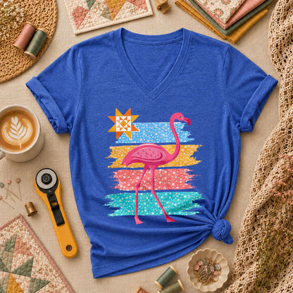 Retro Flamingo Floral Stripes Quilt Star Women's V-Neck - Heather True Royal