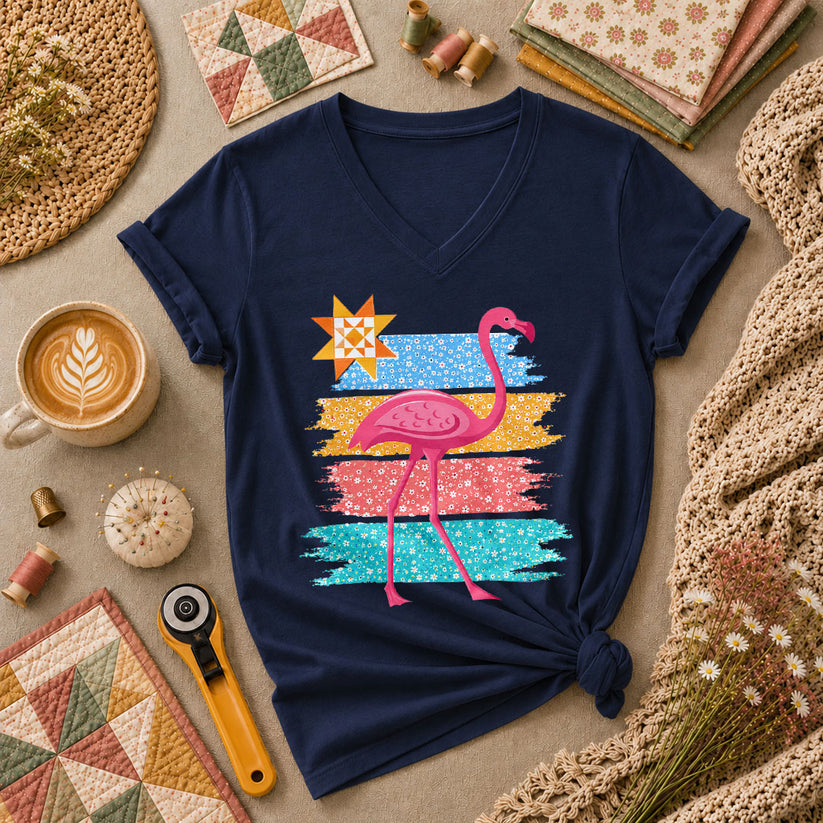 Retro Flamingo Floral Stripes Quilt Star Women's V-Neck - Navy