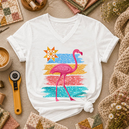 Retro Flamingo Floral Stripes Quilt Star Women's V-Neck - White