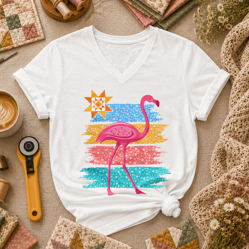 Retro Flamingo Floral Stripes Quilt Star Women's V-Neck - White