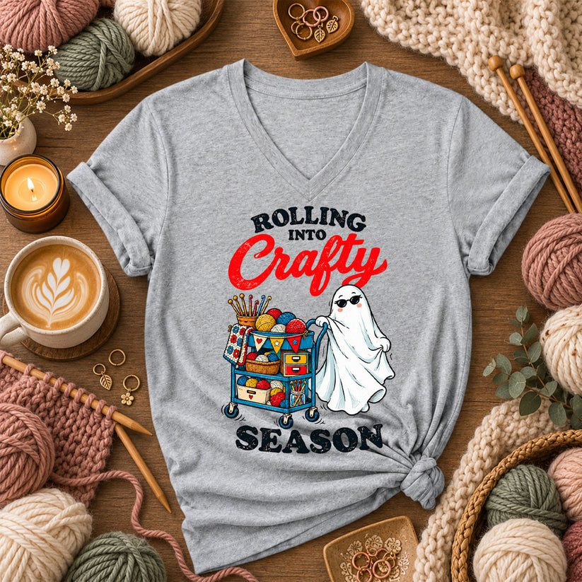 Rolling Into Crafty Season Ghost Women's V-Neck - Athletic Heather