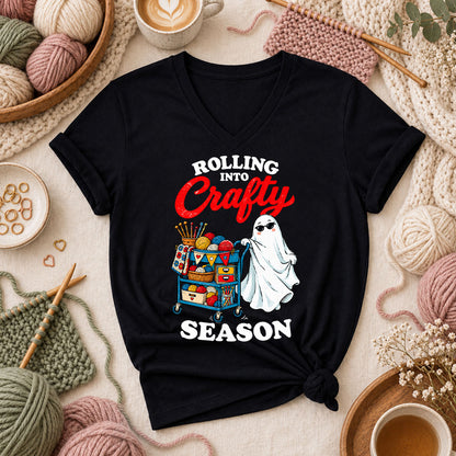Rolling Into Crafty Season Ghost Women's V-Neck - Black