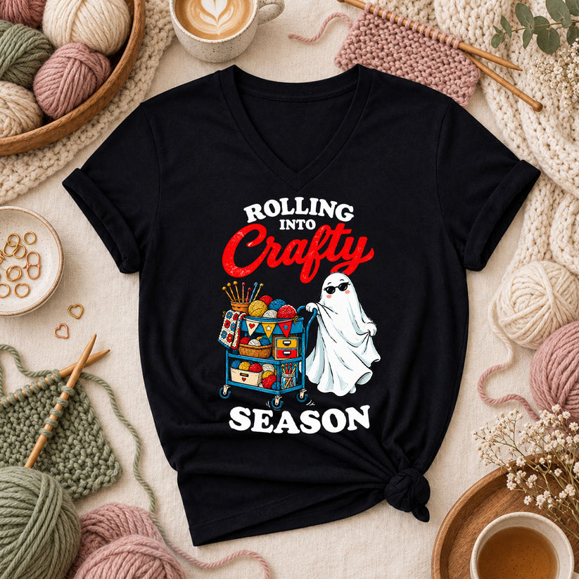 Rolling Into Crafty Season Ghost Women's V-Neck - Black