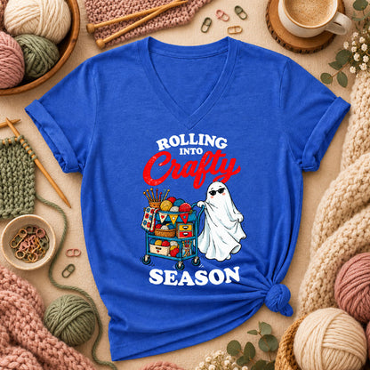 Rolling Into Crafty Season Ghost Women's V-Neck - Heather True Royal