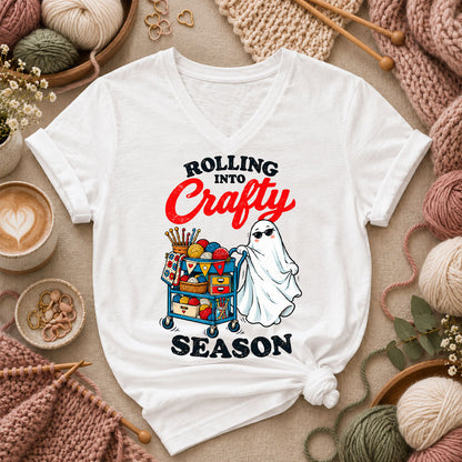 Rolling Into Crafty Season Ghost Women's V-Neck - White